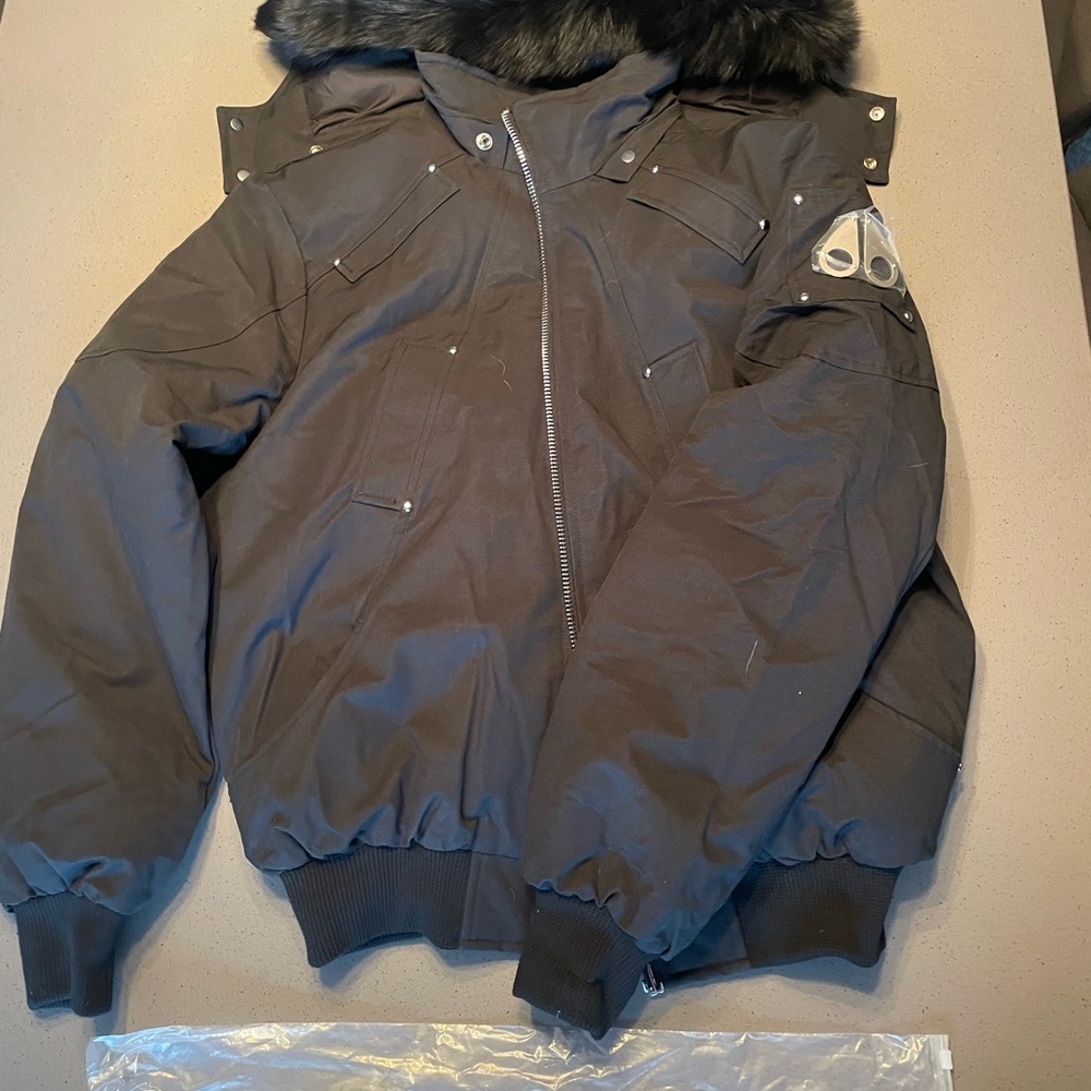 Moose Knuckles Black Bomber Jacket with Fur Trim
